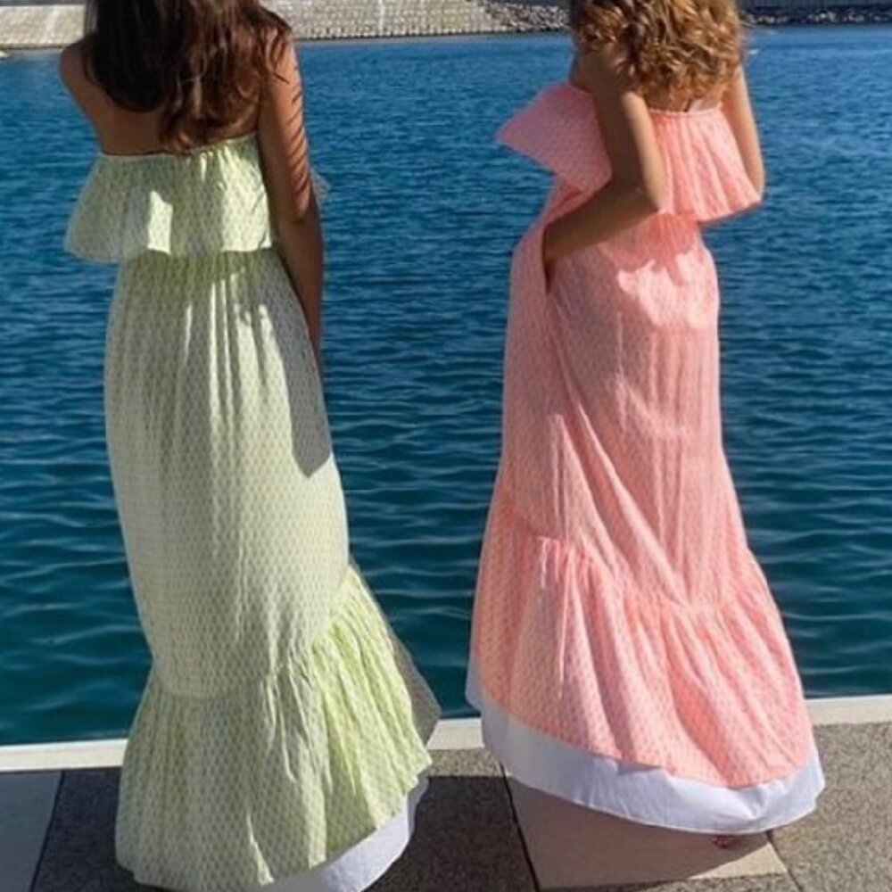 Strapless Ruffle Maxi Dress in Light Green or Peach